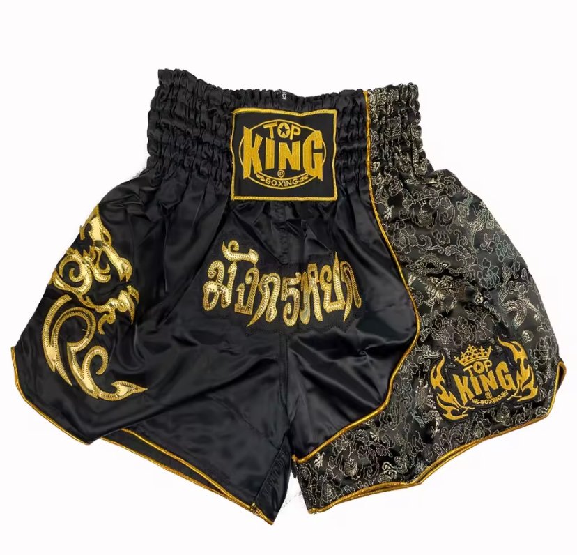 מכנסי איגרוף Top King שחור זהב עיטורים